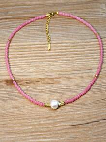Verspieltes Süßwasserperlen Halskette, Boho-Chic Pulver Rosa Kristall Perlen Choker, mehrstufige Schlüsselbein-Kette Schmuck