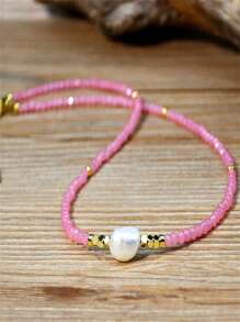 Verspieltes Süßwasserperlen Halskette, Boho-Chic Pulver Rosa Kristall Perlen Choker, mehrstufige Schlüsselbein-Kette Schmuck