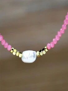 Verspieltes Süßwasserperlen Halskette, Boho-Chic Pulver Rosa Kristall Perlen Choker, mehrstufige Schlüsselbein-Kette Schmuck