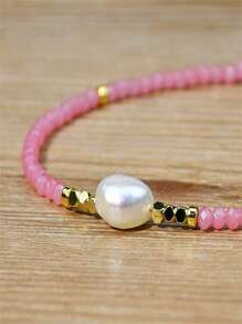 Verspieltes Süßwasserperlen Halskette, Boho-Chic Pulver Rosa Kristall Perlen Choker, mehrstufige Schlüsselbein-Kette Schmuck