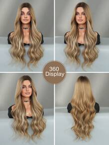 7JHH WIGS 挑染棕色超长卷发假发混合金色中分超长波浪假发合成纤维假发适合日常派对使用 32 英寸 - 挑染棕色 - 查看 6