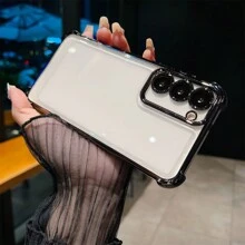 1 Stück schwarze galvanisierte Airbag Sturzsicherungsschale mit integrierter Linsenfolie, transparente Acrylrückwand + TPU Silikon Weichkante PC Hartschale Vollschutz Luxus Handyhülle, staubdichte verdickte Version, kompatibel mit Apple, Galaxy und