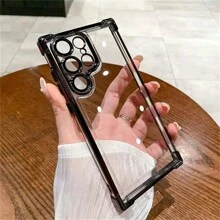 1 Stück schwarze galvanisierte Airbag Sturzsicherungsschale mit integrierter Linsenfolie, transparente Acrylrückwand + TPU Silikon Weichkante PC Hartschale Vollschutz Luxus Handyhülle, staubdichte verdickte Version, kompatibel mit Apple, Galaxy und