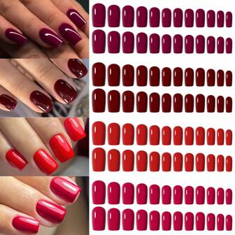 Red Press On Nails Medium Square Fake Nails Kit Full Cover Natural Summer Nails Glossy For Women Manicure 96Pcs Nail Supplies Nails