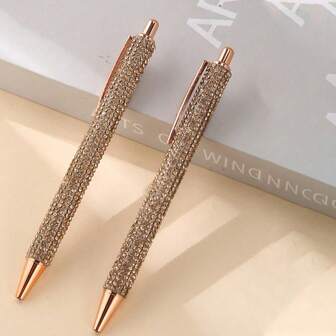 1/2/4pcs Rhinestone Design Metal Ballpoint Pens With Glitter Powder, Cute Crystal Ballpoint Pen Set, Black Ink, For Girls, Women, Office, Wedding, Party (Rose Gold) Back To School