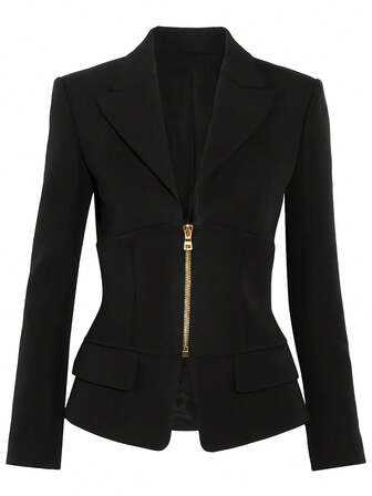 Women's Casual Everyday Wear Zip-Up Long Sleeve Blazer Jacket