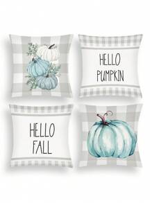 4 pièces/1 pièce Housses de coussin avec imprimé de lettre anglaise à carreaux gris de citrouille d'automne, housse de coussin de décoration de Thanksgiving pour canapé
