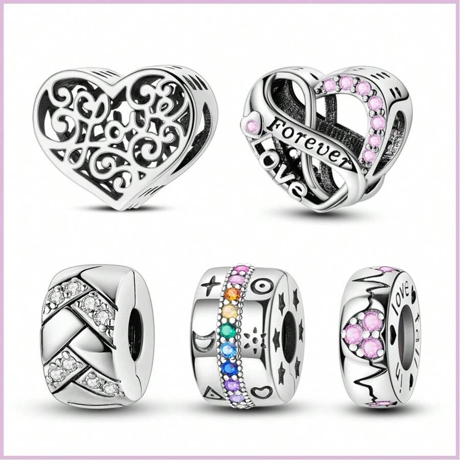 一件式 925 纯银镂空爱心吊饰彩色方晶锆石安全扣夹塞串珠跳动的心形吊饰适用于 DIY 手链蛇骨链首饰制作女士首饰 - 銀色 - 查看 1