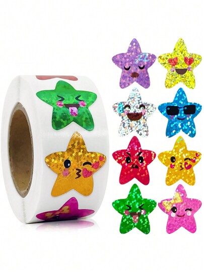 500 unidades/rolo de adesivos holográficos de estrelas, adesivos de recompensa para papelaria, etiquetas de decoração para presentes, material escolar, volta às aulas