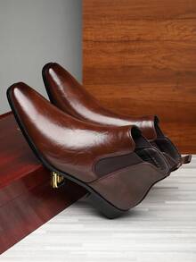 Men's Simple British Style Pointed Toe High Top Chelsea Boots New Fashion Versatile Soft Sole Leather Boots - Brown - View 3