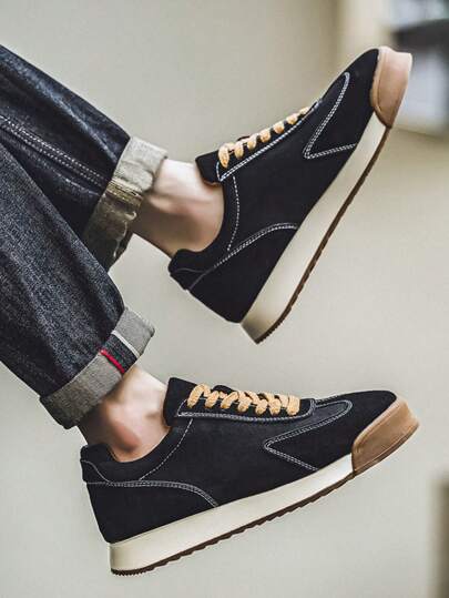 Tênis Casuais Masculinos, Confortáveis, com Sola Grossa, Estampa Geométrica em Retalhos, Antiderrapantes, Sapatos Planos, Moda Jovem, Minimalista, Cor Sólida, Cadarço, Biqueira Redonda, Cano Baixo, para Uso Externo, Caminhada, Corrida e Esportes ...