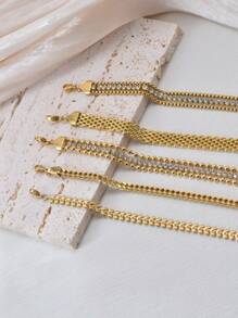 适合女性日常佩戴的镶有钻石和镀金手链的不锈钢首饰套装 - 金黃色 - 查看 5