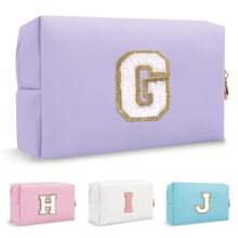 Personalized Initial Letter Patch Makeup Bag, Preppy Small Chenille Letter Cosmetic Bag With Zipper, PU Leather Waterproof Travel Toiletry Bag Monogram Make Up Pouch For Women Girls Makeup Bags Makeup Organizer Make Up Organizer Makeup Storage