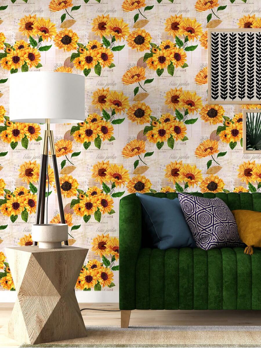1 卷向日葵花朵图案家居装饰墙纸，自粘防水耐磨即撕即贴可移除，可用于客厅卧室装饰墙面改造和美化、橱柜桌面装饰、教室装饰、宿舍，15.75X47.24 英寸 - 彩色 - 查看 1