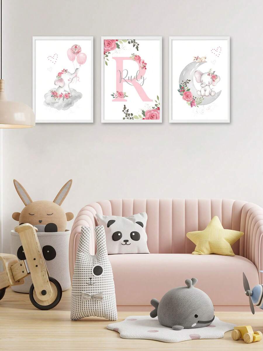 3 件无框定制名字艺术印刷品彩虹印刷图片粉色花朵印刷海报彩色帆布画字母画艺术花朵绿叶墙艺术北欧墙壁海报幼儿园房间装饰女孩卧室墙壁装饰用品 - 粉色 - 查看 1