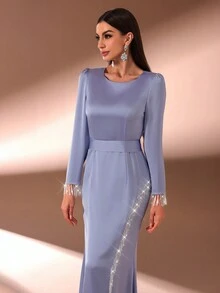 女士圆领泡泡袖拼接流苏下摆优雅 A 字形连衣裙 - 淺藍色 - 查看 6