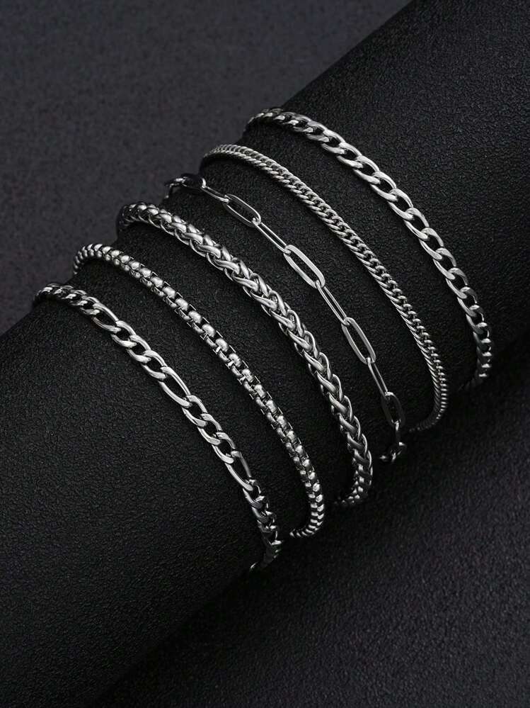 7pcs Stainless Steel Chain Bracelet Set, Simple Style For Men, Suitable For Vacation, Date, Gift, Casual Party Outfit - Multicolor - View 5