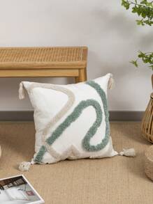 1pc/2pcs Geometric Line Pattern Plush Embroidered Decorative Pillow Cover, Cotton Twill Fabric, Nordic Style With Tassels, Suitable For Room, Living Room Sofa, Waist Cushion, Holiday, Birthday, Party, All Seasons, Without Filler, 30*50cm, 45*45cm