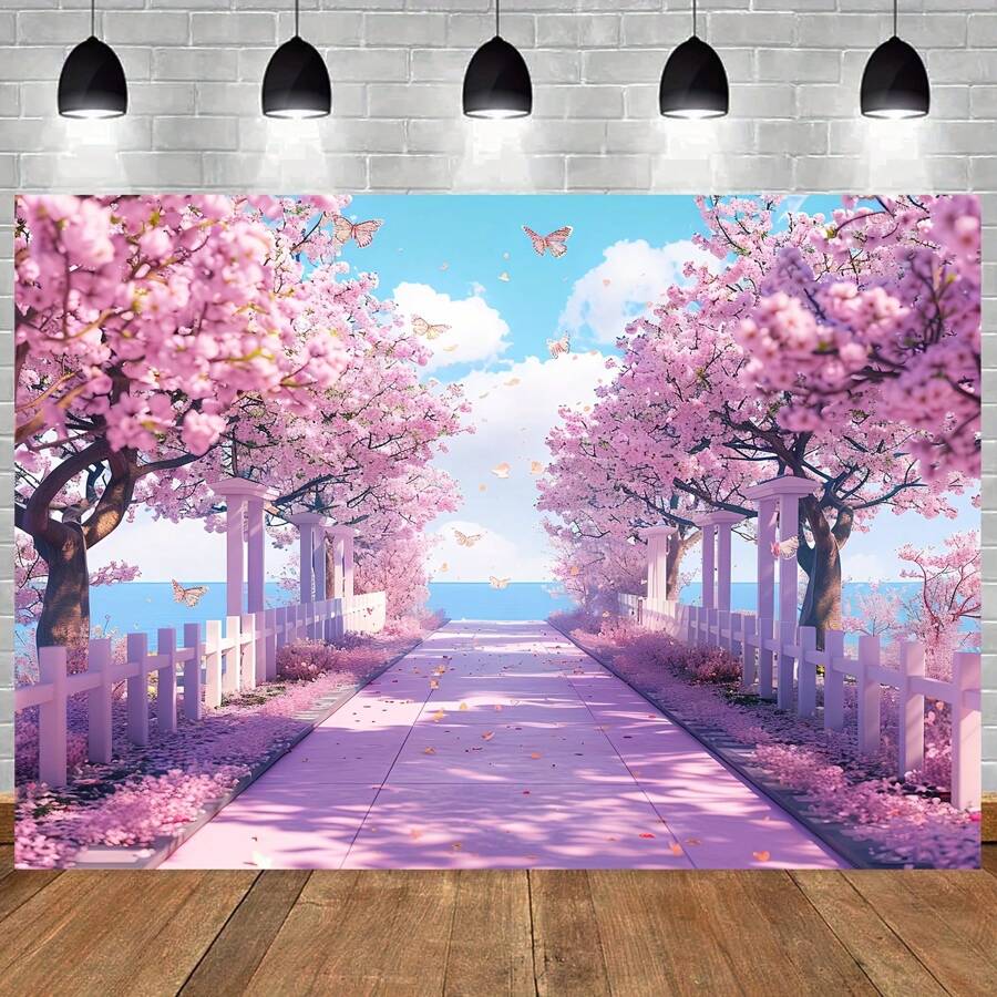 1pc,Versatile Polyester Backdrop With Garden Flowers & Tree Path - Perfect For Weddings, Birthdays, And Photo Booths - Multicolor - View 1