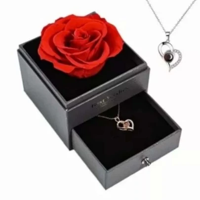 Collar Rosa Eterna + Te Quiero 100 Idiomas