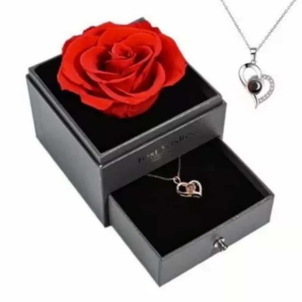 Collar Rosa Eterna + Te Quiero 100 Idiomas - Rojo - Ver 1