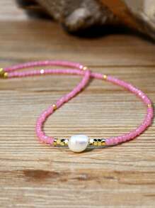 Verspieltes Süßwasserperlen Halskette, Boho-Chic Pulver Rosa Kristall Perlen Choker, mehrstufige Schlüsselbein-Kette Schmuck