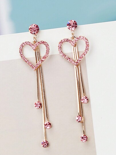 1pair Fashionable Pink Heart Pendant Shiny Crystal Tassel Dangle Earrings , Women's Charming Earrings