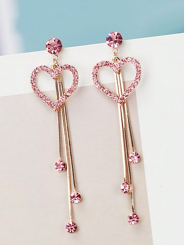 1 par de pendientes colgantes con borla de cristal brillante en forma de corazón rosa, pendientes encantadores para mujer