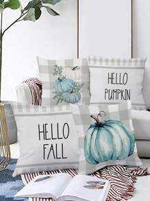 4 pièces/1 pièce Housses de coussin avec imprimé de lettre anglaise à carreaux gris de citrouille d'automne, housse de coussin de décoration de Thanksgiving pour canapé