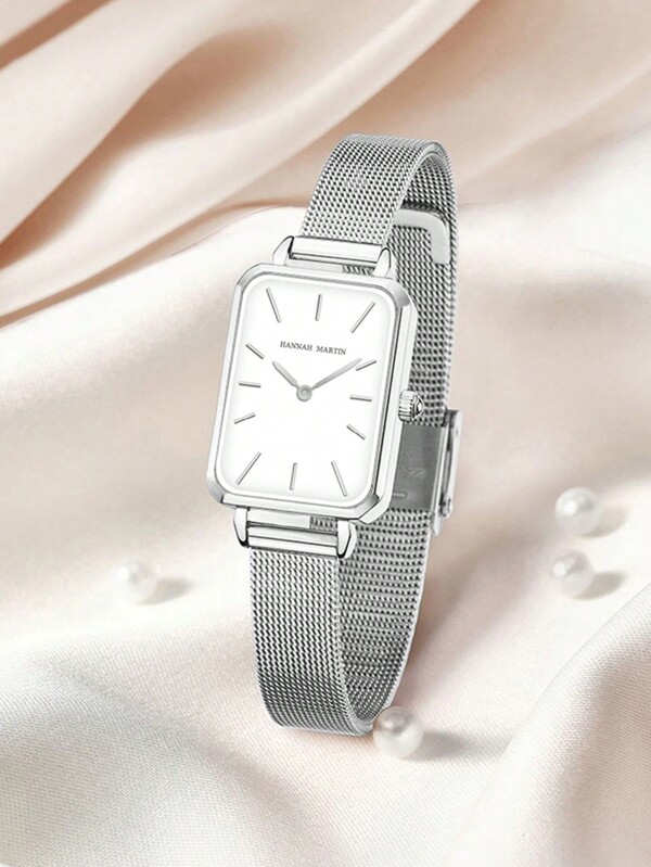 HANNAH MARTIN 1 Pieza Reloj cuadrado de 34mm en color oro rosa, plata, oro y negro, estilo minimalista con movimiento japonés original importado y correa de malla de acero inoxidable, reloj de pulsera casual para mujer