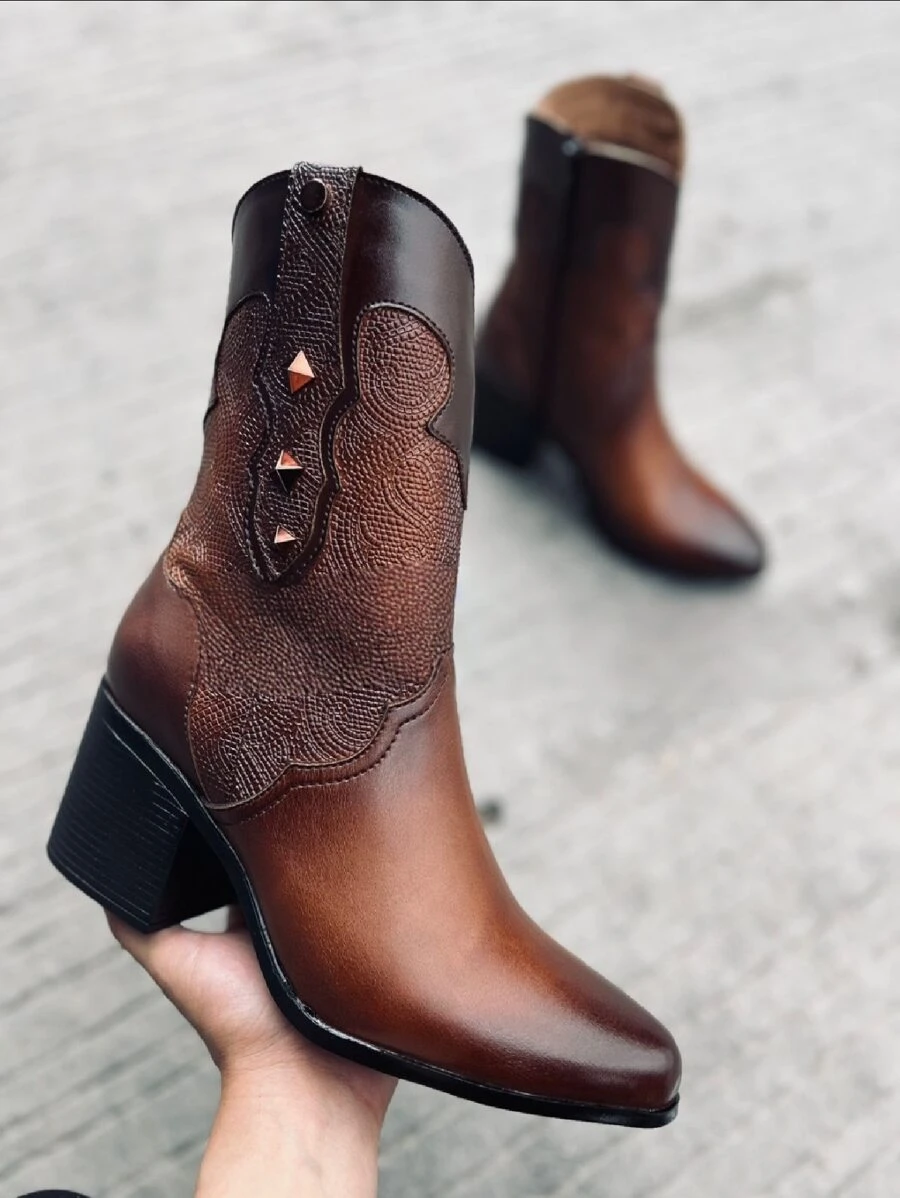 Botas con plataforma para mujer botines dama moda con decoración de lazo y detalles color marrón largas 23mx-26mx ecopiel elegante chelsea urbana - Camel - Ver 1