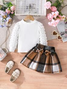 2 piezas Conjunto de top con manga abullonada de moda y falda plisada con moño elegante para niñas - Café integral - Ver 2