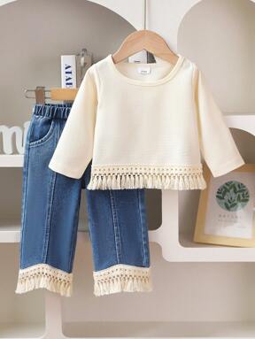 2 pièces/set Top à manches longues de couleur unie avec franges et pantalon en jean à franges, tenue pour jeune fille