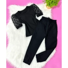 Children's Set For Young Girls Short Tulle Sleeve Blouse And Jogger Pants With Cuff Fashion Mini Diva Blogueirinha - Màu Hồng Tươi - Xem 5