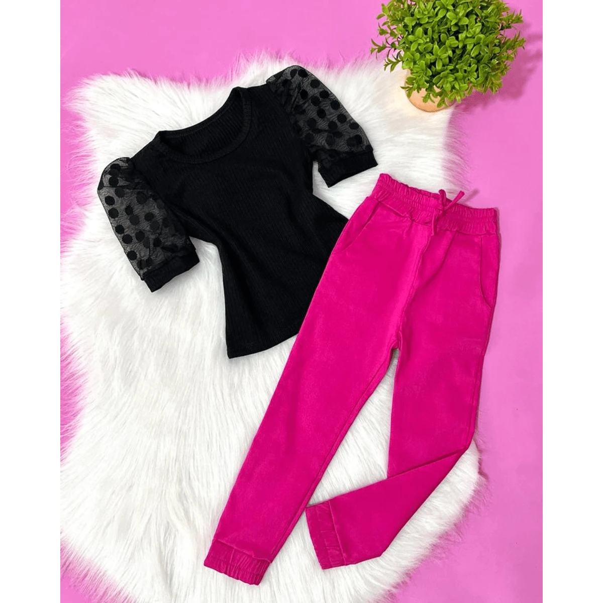Children's Set For Young Girls Short Tulle Sleeve Blouse And Jogger Pants With Cuff Fashion Mini Diva Blogueirinha - Màu Hồng Tươi - Xem 1