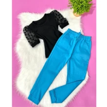 Children's Set For Young Girls Short Tulle Sleeve Blouse And Jogger Pants With Cuff Fashion Mini Diva Blogueirinha - Màu Hồng Tươi - Xem 2