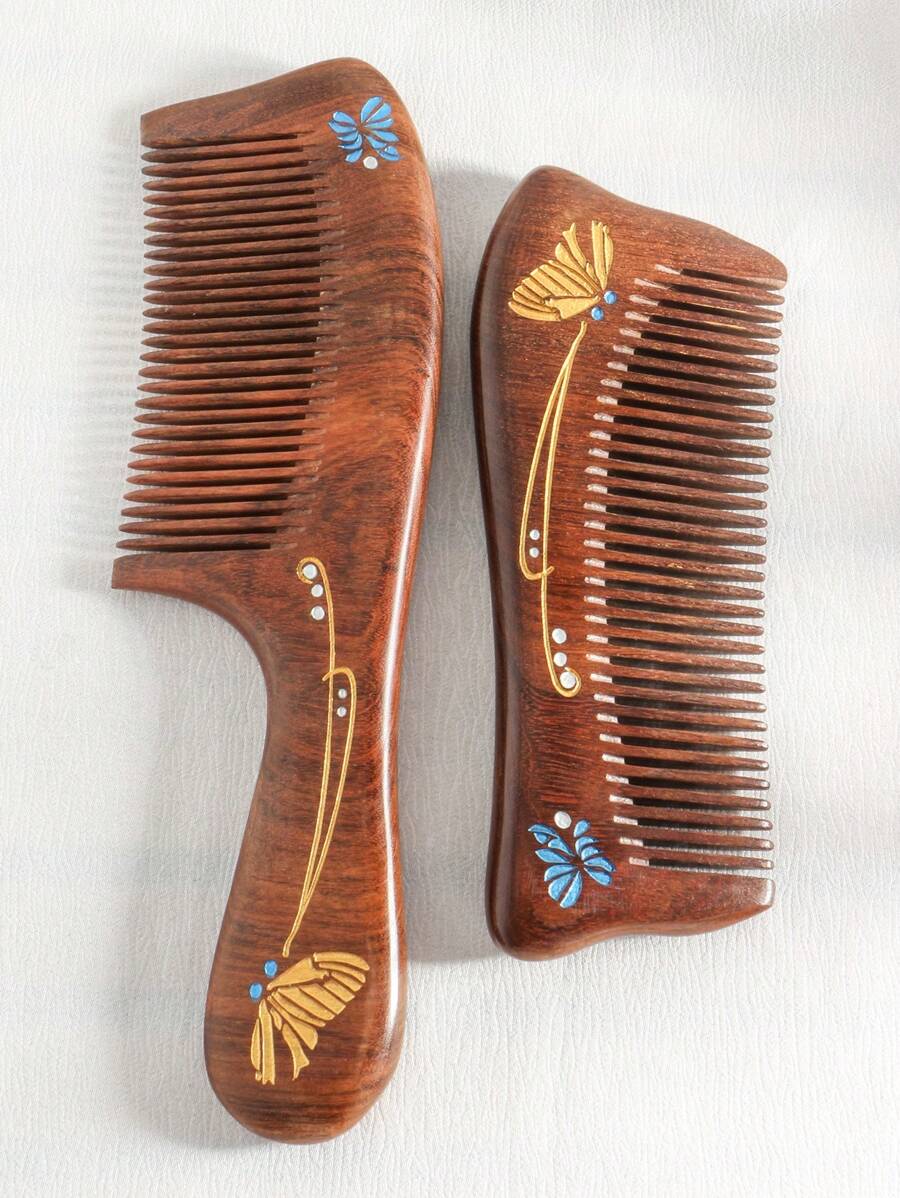 1把檀木梳，饰有手绘彩色箔纸蝴蝶图案，细齿手柄或无柄设计，防静电女士发梳，梳子，美发工具，美发产品及配件，适用于理发店、美容院、返校季、旅行度假等场合，女士必备，梳子，解结梳，球形梳，迷你发梳套装，木梳，发梳，美发设备，发型，美发，发梳，发梳套装，梳子，卷发梳，解结梳，女士发梳，理发配件，理发店，美发设备 - 棕色 - 查看 1