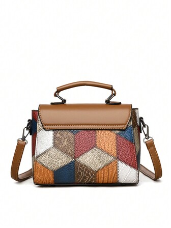 复古简约翻盖锁金属装饰手提包，可转换女士单肩斜挎包