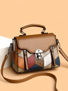 Retro Minimalist Flip-Lock Metal Decor Handbag, Convertible Women Shoulder Crossbody Bag, Vintage Bag For Women