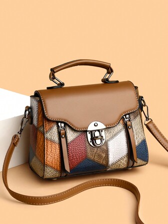 Retro Minimalist Flip-Lock Metal Decor Handbag, Convertible Women Shoulder Crossbody Bag, Vintage Bag For Women