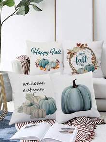 4 pièces/1 pièce Taie d'oreiller décorative imprimée avec lettre et vigne de citrouille de récolte d'automne, housse de coussin de décoration de maison pour le Jour de Action de grâce