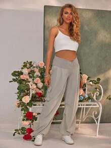 Joyfunear Maternity Loose Solid Color Pocket Design Casual Pants - Grey - View 3