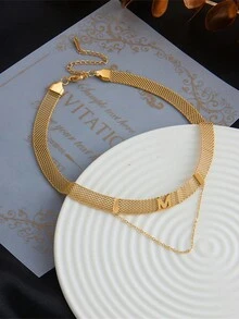 1 chiếc dây chuyền mặt dây chuyền chữ cái tua rua bằng thép không gỉ mạ vàng. - Vàng - Xem 2