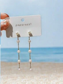 Faux Pearl Decorated Earring Jacket - Gold - View 2