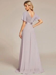 Elegant V-Neck Ruffle Butterfly Sleeve Lavender Bridesmaid Dress, Wedding Guest Dress For Spring Semi-Formal Occasions, Suitable For Wedding, Birthday Party, Graduation, Valentine's Day - Mauve Purple - View 3