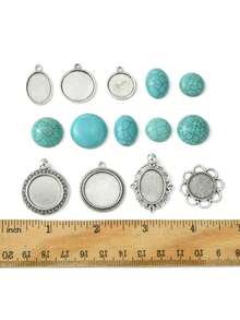 Kits de fabricación de colgantes ovalados/semicirculares de turquesa sintética y estilo de aleación DIY - Azul - Ver 4