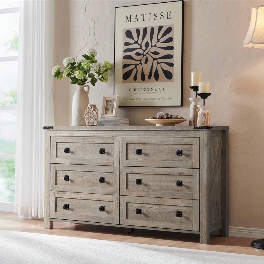 Farmhouse 6 Drawers Dresser Chests Wood 54'' Wide Rustic Chset Of Deep Drawers With Double Metal Coated Handle, Storage Dressers Organizer For Bedroom, Living Room,Hallway - Gỗ sồi mộc mạc nhạt - Xem 1