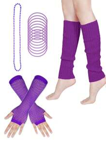 D EXCEED 2/4 件女式 80 年代复古服装配饰套装，包括霓虹手镯、串珠亚克力项链、渔网手套和暖腿套，适合 80 年代主题派对、夜总会活动、万圣节、情人节、狂欢节、复活节 - 多色 - 查看 15