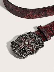 1pc Men's Vintage Western Y2K Cross Metallic Buckle Wine Red Random Asymmetrical Floral Embossed Casual Belt, For Daily Wear Summer, School Casual, Business, Boyfriend Husband Father Dad Men Gift, Daily Wear, Fashion, Teen, Outdoor, Vacation, Athletic, Travel, Street, Boho, Vintage Fall, Autumn, Halloween Autumn-Winter Accessories,Suitable For Teens, Youth,Men,Casual, Outdoor, Athletic, Vacation, Graduation Gifts, Birthday, Daily Wear