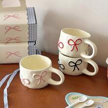 1pc Embossed Bow Ceramic Mug, Suitable For Daily Use Cup For Coffee, Milk, Juice, Breakfast